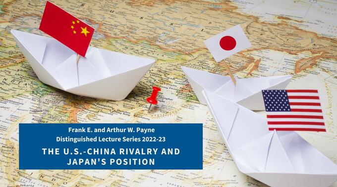 Paper boats with flags of China, Japan, and the United States over a Northeast Asia map with a pin pointing at Taiwan