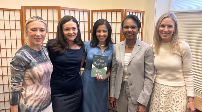 [Left to right]: Juliet	deBaubigny, Sheryl Sandberg, Dina Powell McCormick, Condoleezza Rice; Marne Levine