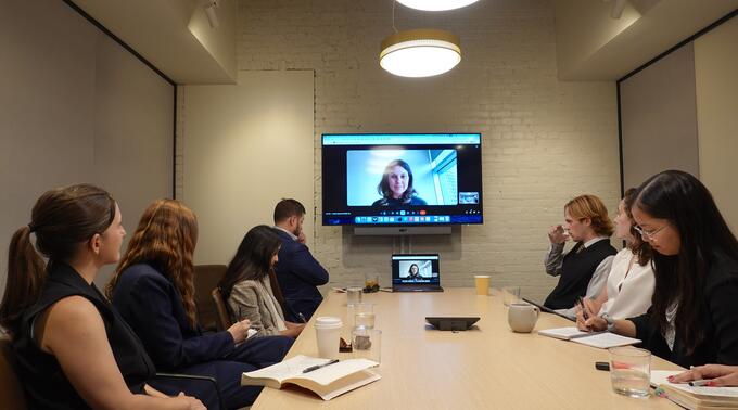 Students meet with Ashley Zlatinov by video conference at Anthropic.