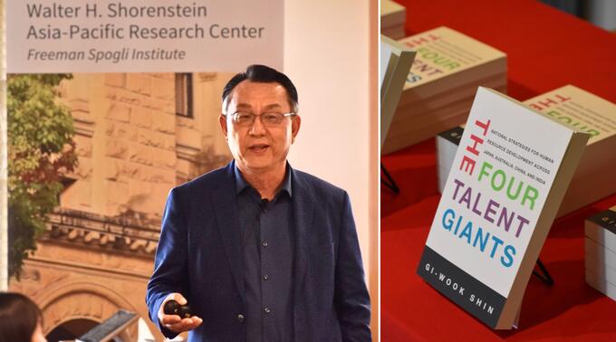 Two-image collage: Gi-Wook Shin delivers a talk (left); stacks of Shin's book, The Four Talent Giants, on a desk.
