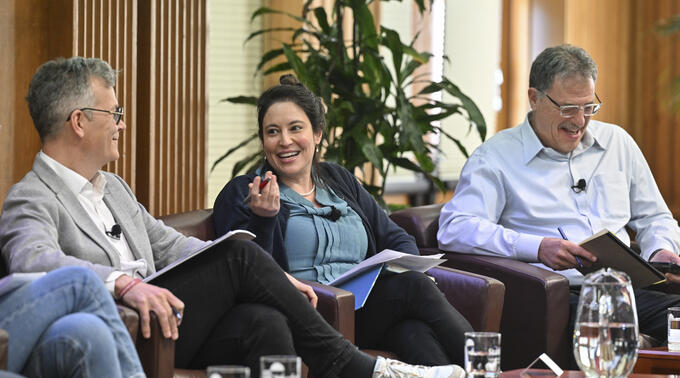 Panelist Or Rabinowitz of FSI's Jan Koum Israel Studies Program speaks at the Global Trends and Geopolitics in 2026 event.