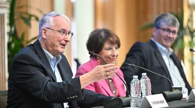 Thomas Fingar, Susan Shirk, and Mark Lambert at the 2026 Oksenberg Conference.
