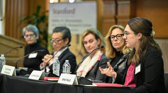 From left to right: Laura Stone, Victor Cha, Katherine Monahan, Kathryn Stoner, and Emily Tallo at a panel of the 2026 Oksenberg Conference.