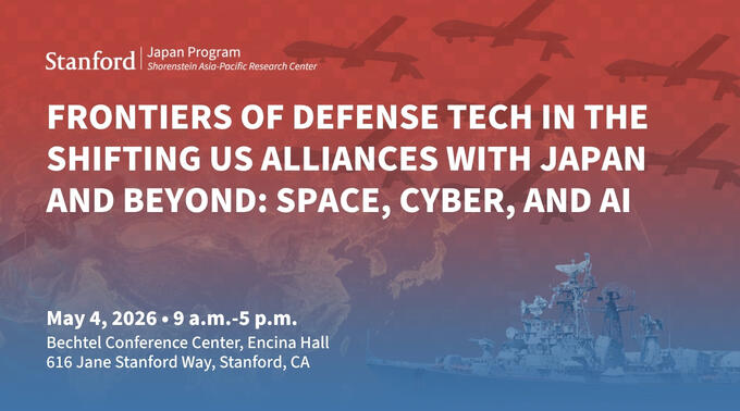 Frontiers of Defense Tech in the Shifting US Alliances with Japan and Beyond: Space, Cyber, and AI flyer with imagery of drones, ships, and cyber technologies 