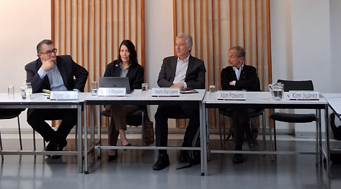 Security expert Eduardo Guerrero, Dr. Beatriz Magaloni, Dr. Alberto Díaz-Cayeros, and Dr. Adam Prezworski during the closed-door security roundtable, held under Chatham House rules at El Colegio de México.