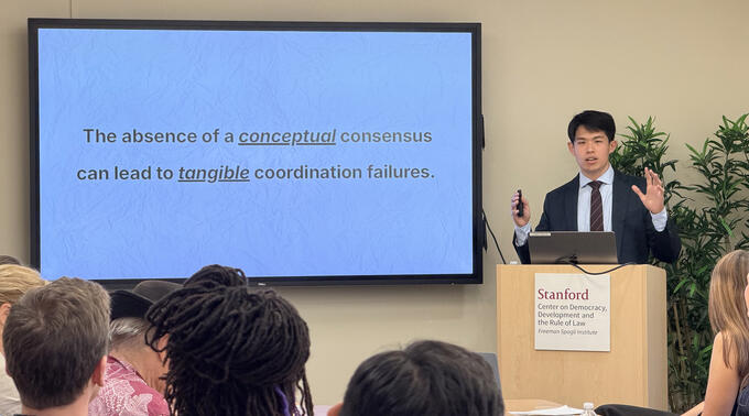 Marco Widodo presents his award-winning thesis in a CDDRL research seminar on June. 4, 2026.