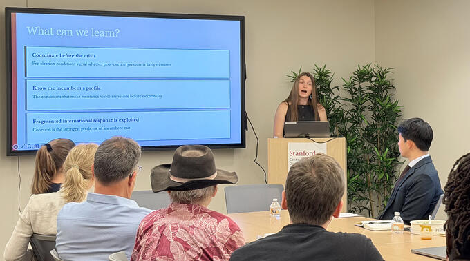 Shayla Fitzsimmons-Call presents her award-winning thesis in a CDDRL research seminar on June 4, 2026.