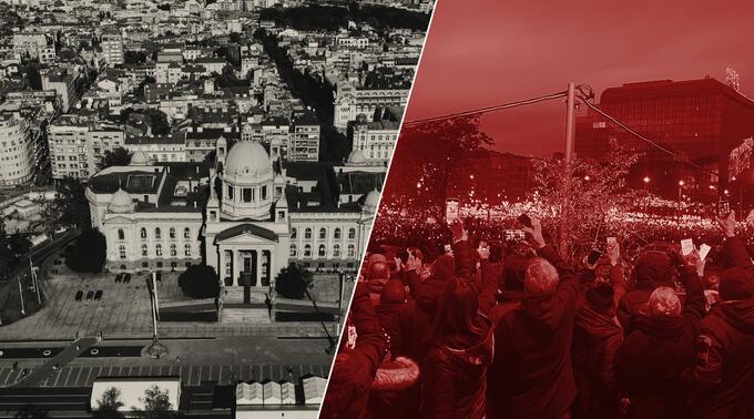 A diagonal split image in duotone. On the left, an aerial view of Serbia’s National Assembly in Belgrade in grey; on the right, in red, a nighttime crowd at Slavija Square holding up phone lights.