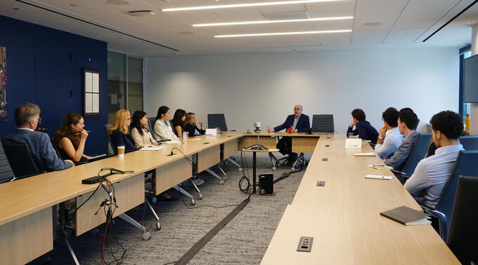 William J. Dobson, co-editor of the Journal of Democracy, speaks to the Fisher Family Honors Class of 2026 during Honors College.