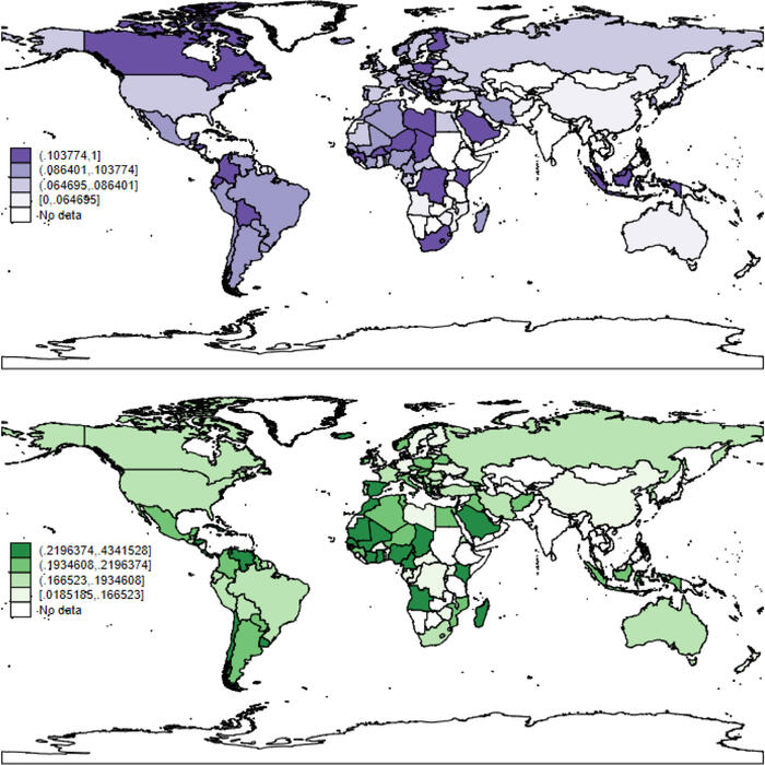 Fig. 1. The share of fouls retaliated in soccer games (top) and the prevalence of revenge motifs in folklore (bottom). Both variables tend to have higher values for players and folklore from the Middle East, Central Africa, Eastern Europe, and parts of South America.