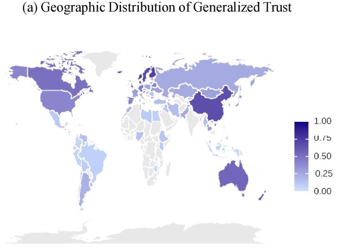 Fig. 1. Generalized trust around the world. (a) Geographic Distribution of Generalized Trust