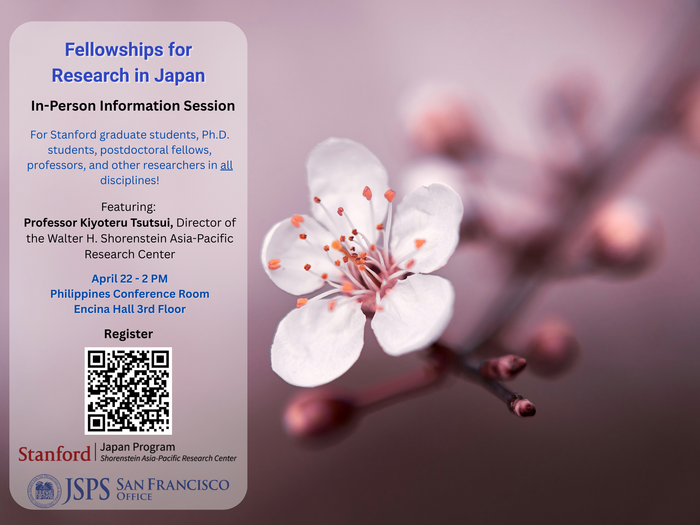Flyer for Fellowships for Research in Japan (JSPS) Information Session, featuring photo of a Japanese Cherry Blossom