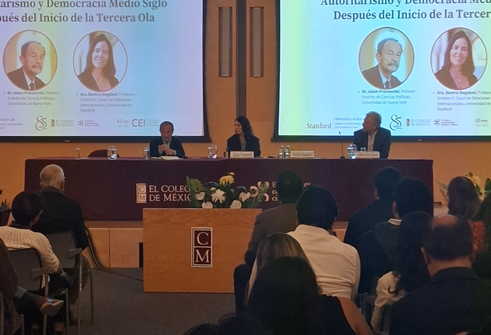 Prof. Adam Prezworski, Prof. Beatriz Magaloni, and Prof. Alberto Díaz Cayeros present during DAL’s Inaugural Conference at El Colegio de Mexico.
