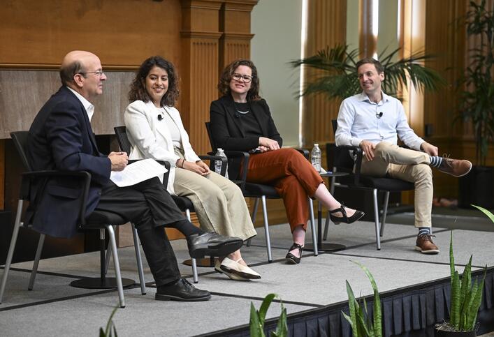 James Hamilton, Shibani Mahtani, Anna Fifield, and Oren Samet during a panel discussion at the 2026 Shorenstein Journalism Award.