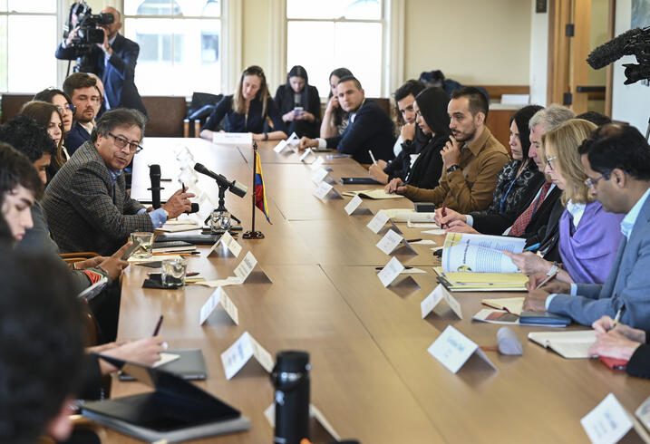 Students and FSI faculty at a roundtable discussion with President Petro