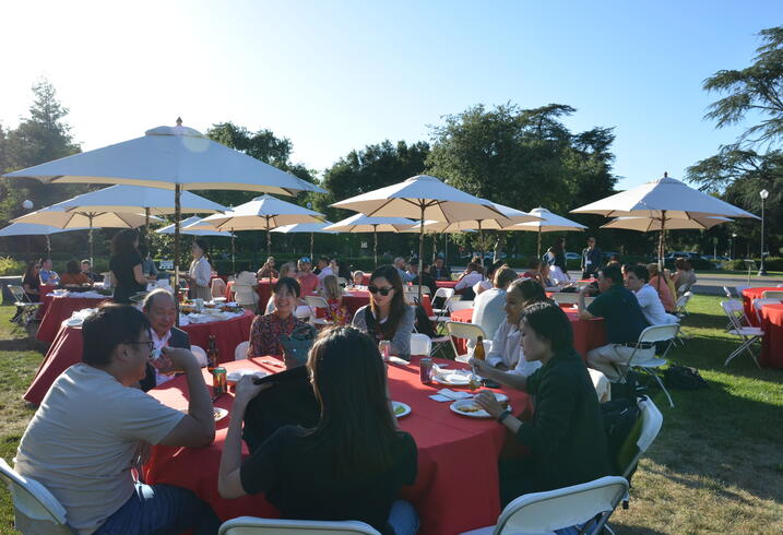 A gathering of alumni from the Ford Dorsey Master's in International Policy eat and mingle on the front lawn of Encina Hall at Stanford University.