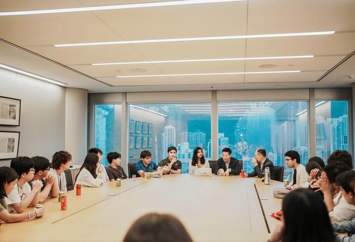 Students sit around a large boardroom. 