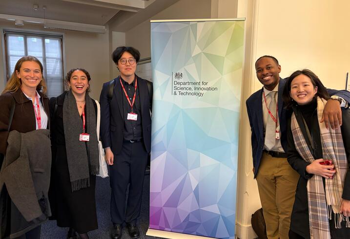 MIP students Ella Smith, Malou van Draanen Glismann, Ran Guo, Tyler Smith, and Shin Haeng Lee at the UK Department for Science, Innovation, and Technology.