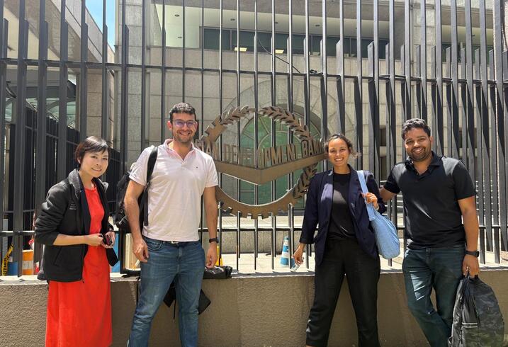 MIP students Amit Sheoran, Jennifer Eyen, Oluwafunmibi Asunmonu, Santiago Paz Ojeda, and Yukiko Ueda outside a branch of the Asian Development Bank in the Philippines.