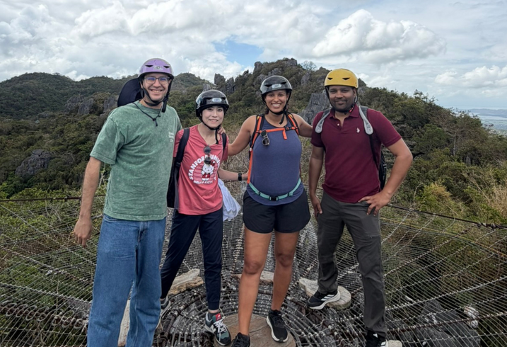 MIP students Amit Sheoran, Jennifer Eyen, Oluwafunmibi Asunmonu, Santiago Paz Ojeda, and Yukiko Ueda on a high adventure ropes coursein the Philippines.