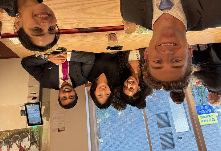 MIP students Luke Anderson, Kylie Jones, Ashraf Sabkha, Humzah Khan snap a selfie at a cafe in Tokyo, Japan.