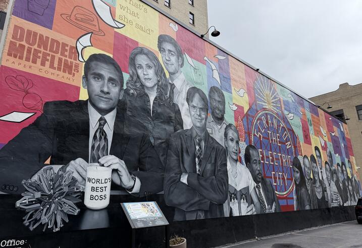 A mural of celebrities and cultural icons painted on the side of a building in Scranton, Pennsylvania.