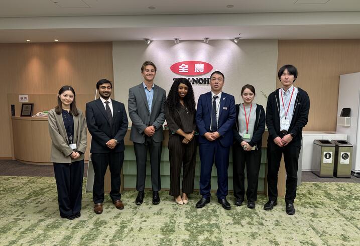 MIP students Ashraf Sabkha, Humzah Khan, Luke Anderson, and Kylie Jones with their capstone partners in Tokyo, Japan.