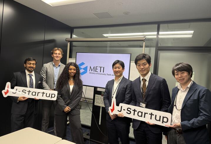 MIP students Humzah Khan, Luke Anderson, and Kylie Jones with their capstone partners at J-Startup.