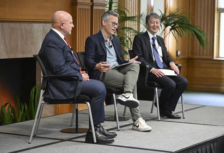 HR McMaster, Colin Kahl, and Masataka Okano during a fireside chat.