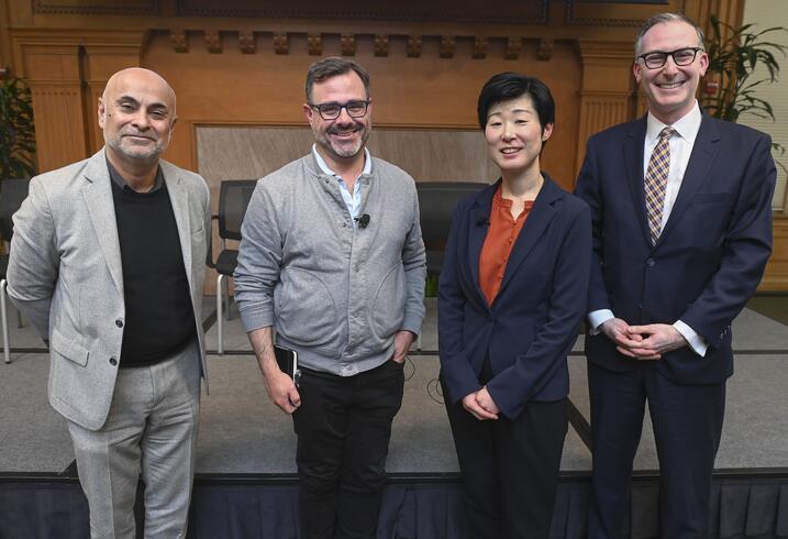 Sanjeev Khagram, Andrew Grotto, Mihoko Matsubara, and Michael Sulmeyer pose for the camera.