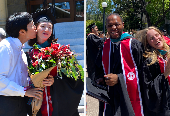 [Left] A spouse gives his wife a kiss following her graduation from the Ford Dorsey Master's in International Policy at Stanford University; [Right] Tyler Perry and Cosima Zaveta, graduates of the Class of 2026 of the Ford Dorsey Master's in International Policy, laugh together.