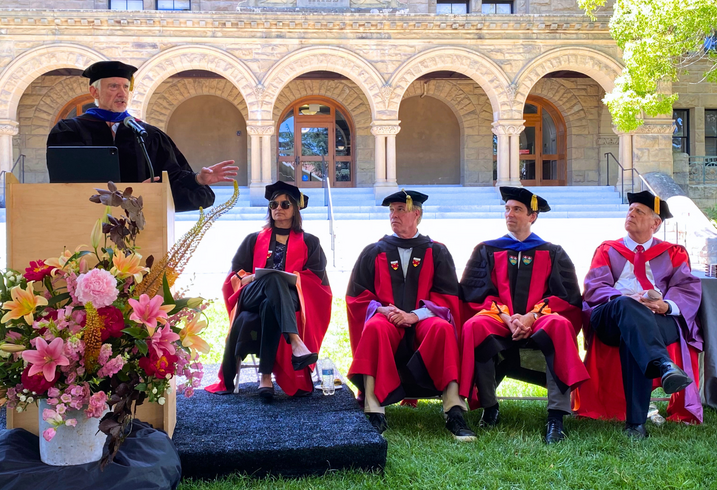 Jerry Kaplan speaks to the graduating class of 2026 of the Ford Dorsey Master's in International Policy as faculty members Chonira Aturupane, Joe Felter, Eric Volmar, and Michael McFaul look on.