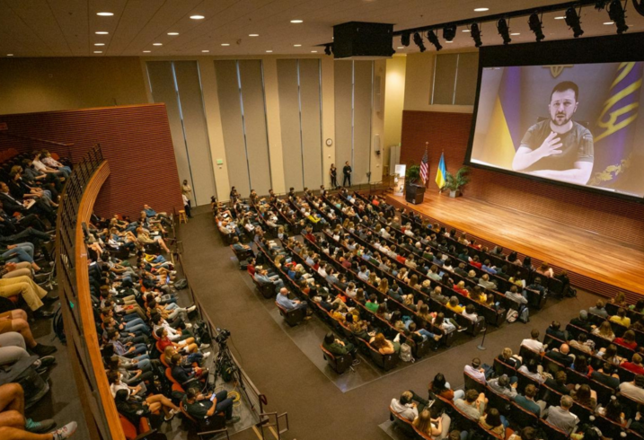 President Zelenskky addresses Stanford students and community members via a live video address in CEMEX Auditorium.