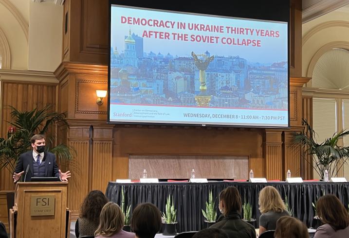 Oleksiy Honcharuk speaks at the Freeman Spogli Institute for International Studies on the 30th anniversary of Ukraine's independence.