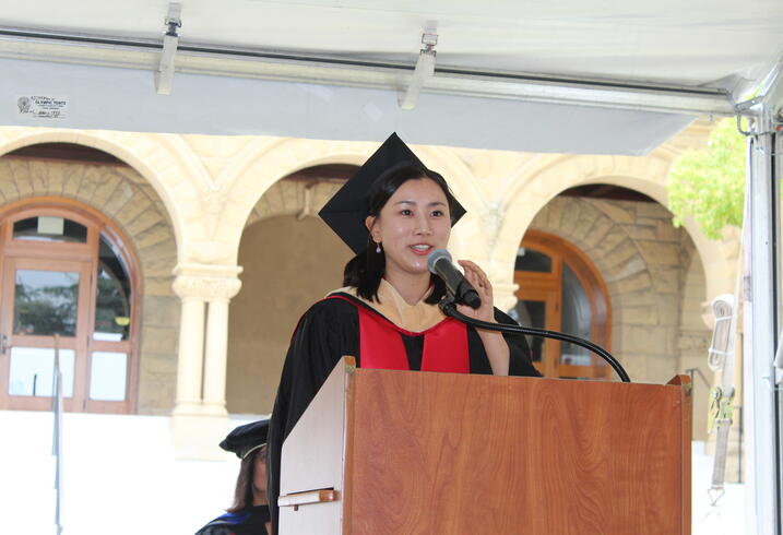 Soomin Jun delivers the student remarks at the 2022 graduation of the Ford Dorsey Master's in International Policy.