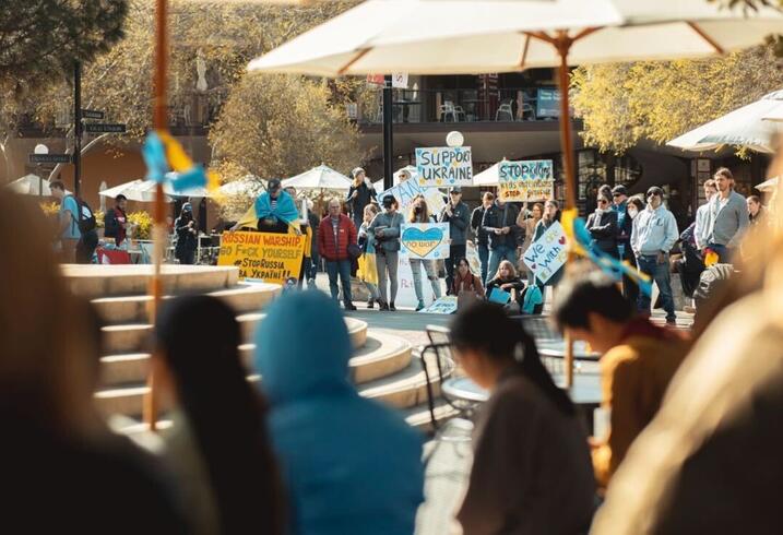 Students gather on Stanford's campus at a demostration in support of Ukraine.