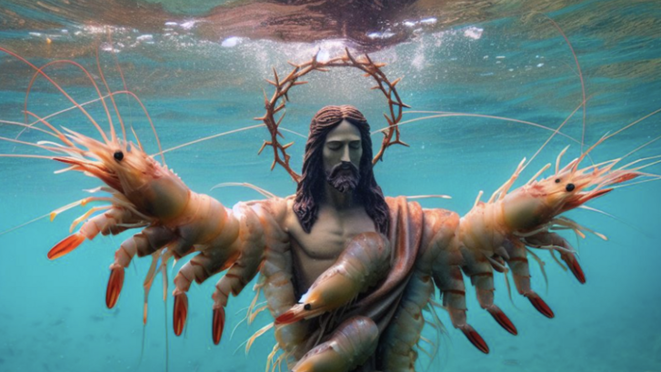 image of Jesus under water, his arms and torso made of shrimps