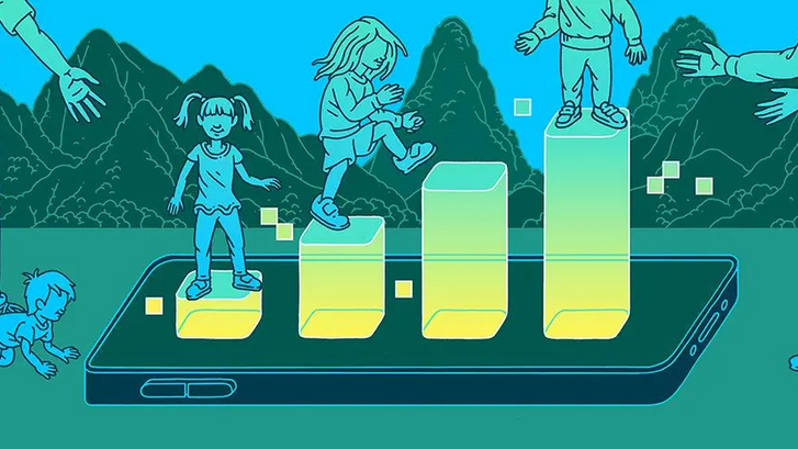Graphic drawing of children stepping up a rendering of a bar chart projected from a cell phone.