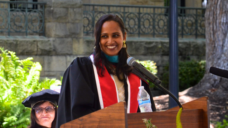 Sakeena Razick delivers the student remarks at the graduation ceremony for the Class of 2025 from the Ford Dorsey Master's in International Policy