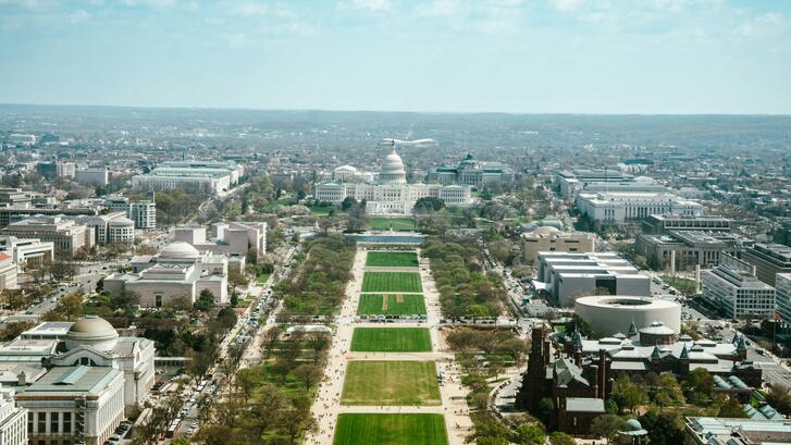 An aerial view of the Capitol Building and the National Mall in Washington, D.C.
