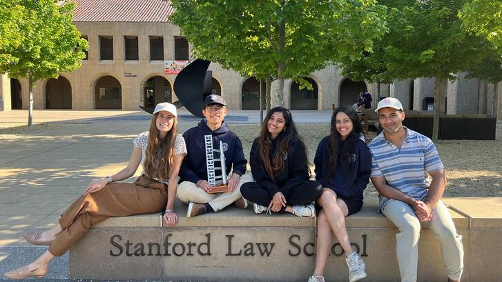 Founding executive board members of the Stanford Space Law Society, left to right: Samantha Potter, Cody Chenxi Wang, Radhey Soundarya Gnanesh, Ruchira Naik, and Kalon Joseph Boston.