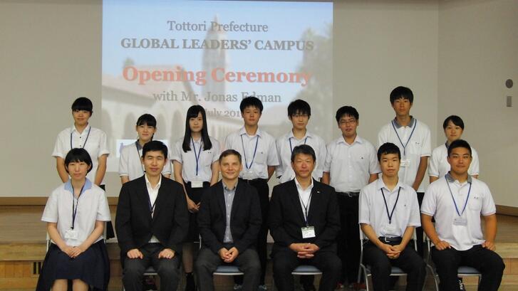 posed group shot of high school students and educators in Tottori, Japan