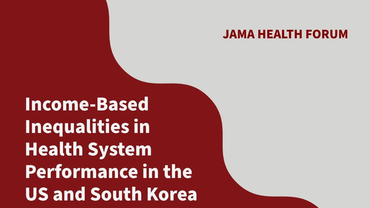 A wavy shape in Stanford Cardinal red with text "Income-Based Inequalities in Health System Performance in the US and South Korea", the title of a paper in JAMA Health Forum.