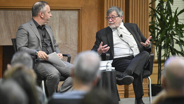 Judea Pearl (R) in conversation with Amichai Magen (L) at the 2026 Daniel Pearl Memorial Lecture.