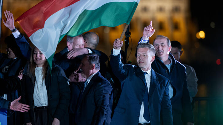 Peter Magyar, lead candidate of the Tisza party, speaks to supporters after the Tisza party won the parliamentary elections on April 12, 2026 in Budapest, Hungary. 