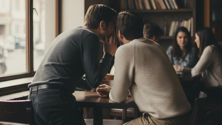 Two people in contemporary, neutral clothing quietly converse in a professional hallway. They are framed from behind and in profile, with no identifiable facial features visible. One leans in to share information, while the other listens attentively with a subtle shift in posture. The background features blurred figures hinting at a wider social context. The lighting is subdued and natural, creating an intimate, analytical mood.