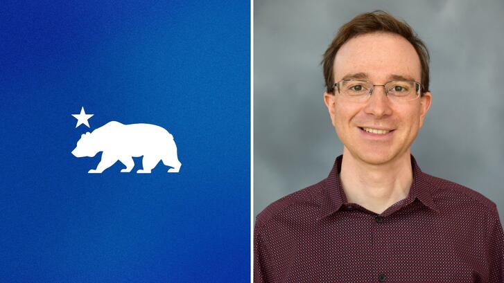 Side-by-side images of a stylized image of the California state flag featuring a white bear walking on a blue gradient background, with a single white star above the bear, and Valentin Bolotnyy