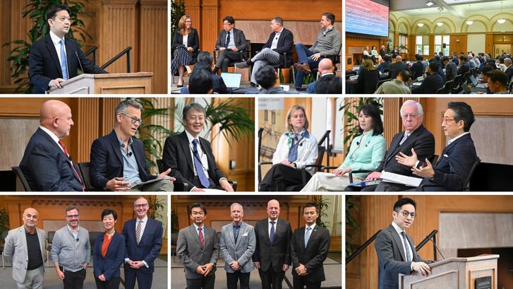 A collage of 8 photos of speakers and panels from the Stanford Japan Conferece, “Frontiers of Defense Tech in the Shifting U.S. Alliances with Japan and Beyond: AI, Cyber, and Space."