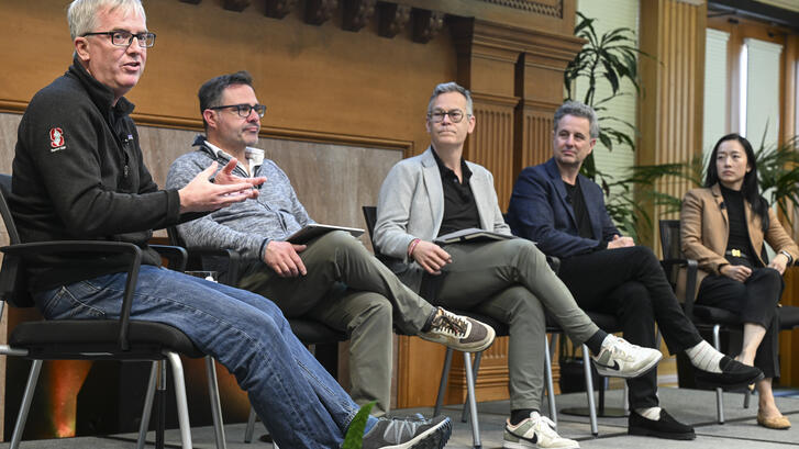 Colin Kahl, Director of the Freeman Spogli Institute for International Studies, on stage with panelists at the May 5 event, "World Changing Technology in 2026"