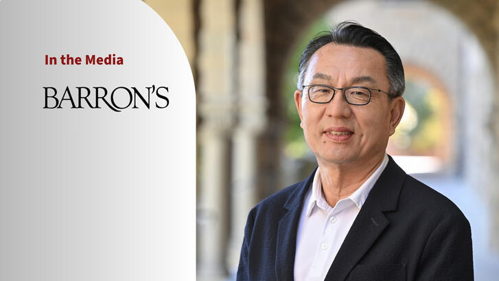 Portrait photo of Gi-Wook Shin and a logo of the magazine Barron's with text "In the Media."